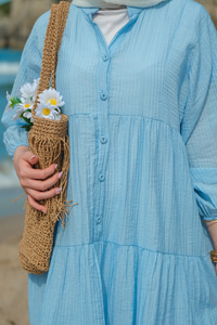 Kendinden Desenli Elbise Mavi