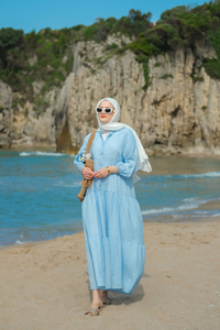 Kendinden Desenli Elbise Mavi