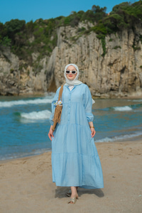 Kendinden Desenli Elbise Mavi