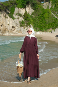 Kendinden Desenli Elbise Mürdüm