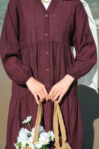 Kendinden Desenli Elbise Mürdüm