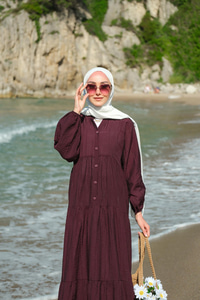 Kendinden Desenli Elbise Mürdüm