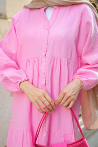 Kendinden Desenli Elbise Pembe