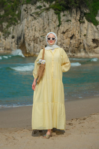 Kendinden Desenli Elbise Sarı