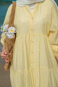 Kendinden Desenli Elbise Sarı