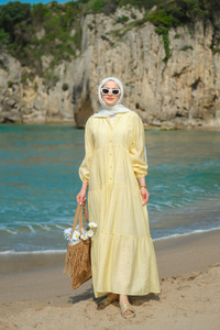 Kendinden Desenli Elbise Sarı