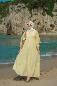 Kendinden Desenli Elbise Sarı