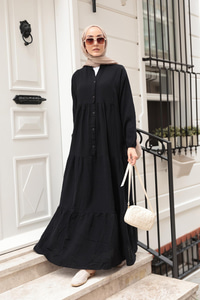 Kendinden Desenli Elbise Siyah