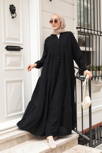 Kendinden Desenli Elbise Siyah