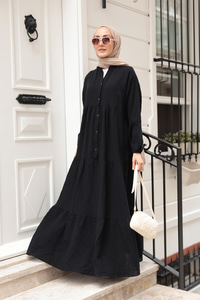 Kendinden Desenli Elbise Siyah