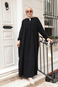 Kendinden Desenli Elbise Siyah