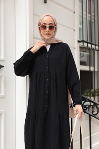 Kendinden Desenli Elbise Siyah