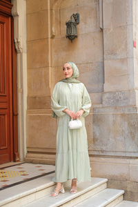 Kendinden Desenli Elbise Su Yeşil