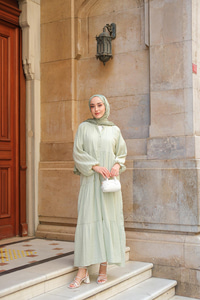 Kendinden Desenli Elbise Su Yeşil