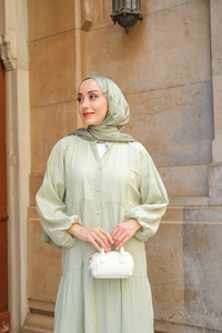 Kendinden Desenli Elbise Su Yeşil