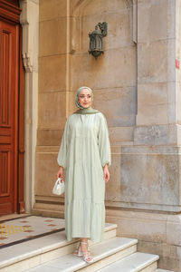 Kendinden Desenli Elbise Su Yeşil