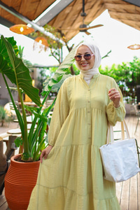 Kendinden Desenli Elbise Yağ Yeşil