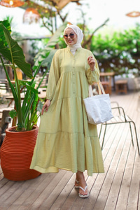 Kendinden Desenli Elbise Yağ Yeşil