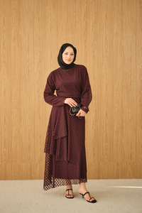 Kendinden Desenli Etekli Takım Bordo