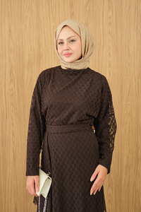 Kendinden Desenli Etekli Takım Kahverengi