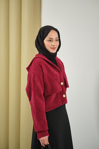 Kendinden Desenli Kapüşonlu Hırka Bordo