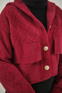 Kendinden Desenli Kapüşonlu Hırka Bordo