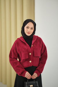 Kendinden Desenli Kapüşonlu Hırka Bordo