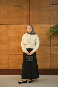 Kendinden Desenli Kapüşonlu Hırka Ekru