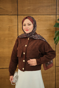 Kendinden Desenli Kapüşonlu Hırka Kahverengi