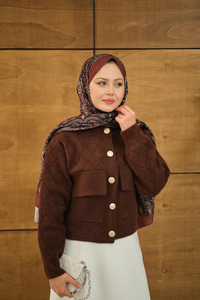 Kendinden Desenli Kapüşonlu Hırka Kahverengi