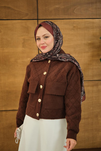 Kendinden Desenli Kapüşonlu Hırka Kahverengi