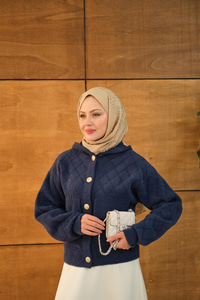 Kendinden Desenli Kapüşonlu Hırka Lacivert