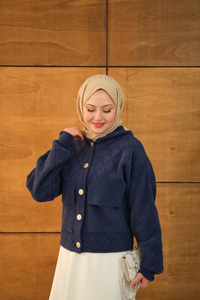 Kendinden Desenli Kapüşonlu Hırka Lacivert