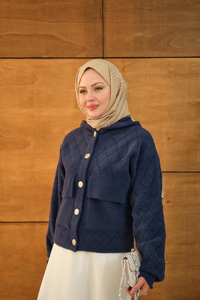 Kendinden Desenli Kapüşonlu Hırka Lacivert