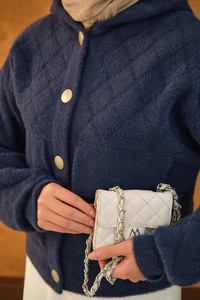 Kendinden Desenli Kapüşonlu Hırka Lacivert