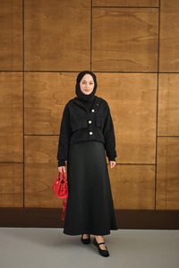 Kendinden Desenli Kapüşonlu Hırka Siyah