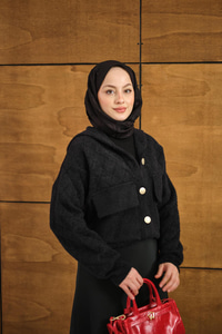 Kendinden Desenli Kapüşonlu Hırka Siyah