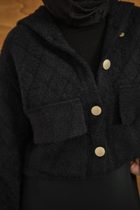 Kendinden Desenli Kapüşonlu Hırka Siyah