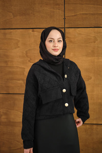 Kendinden Desenli Kapüşonlu Hırka Siyah