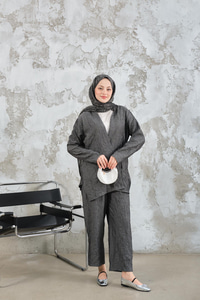 Kendinden Desenli Kimono Takım Antrasit