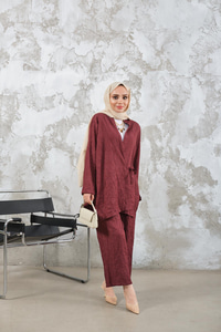 Kendinden Desenli Kimono Takım Bordo