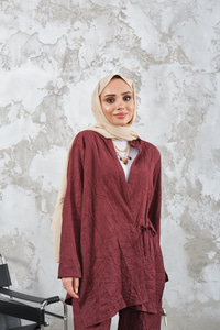 Kendinden Desenli Kimono Takım Bordo