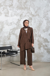 Kendinden Desenli Kimono Takım Kahverengi