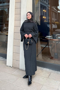 Kendinden Desenli Kraş Elbise Antrasit