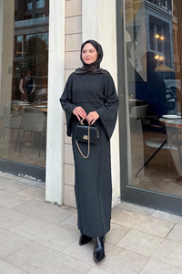 Kendinden Desenli Kraş Elbise Antrasit