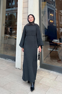 Kendinden Desenli Kraş Elbise Antrasit