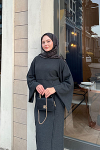 Kendinden Desenli Kraş Elbise Antrasit