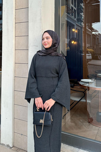 Kendinden Desenli Kraş Elbise Antrasit