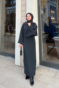 Kendinden Desenli Kraş Elbise Antrasit