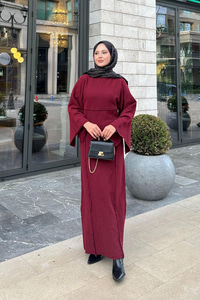 Kendinden Desenli Kraş Elbise Bordo